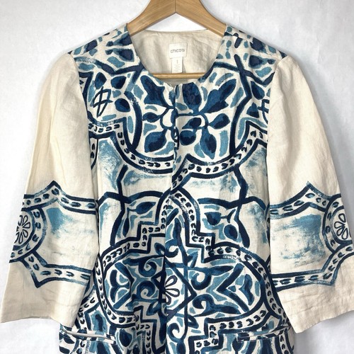 Chico’s S Batik Aquarell Artisan Printed Linen Jacket Chico's Size 1 US Size M - Bild 2 von 14