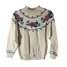 Eddie Bauer Womens Vintage 90s Floral Grandma Sweater Ivory Cotton Crewneck M