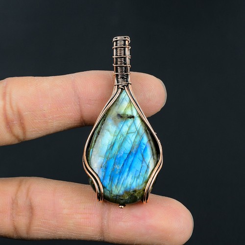 Natural Labradorite Gemstone Copper Wire Wrapped Pendant Jewelry LC-198 - Picture 3 of 5