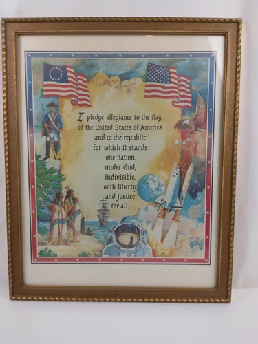 Vintage 1980'S PLEADGE OF ALLEGIANCE  Framed Art Print Signed Wood Frame 18"X22" - Picture 3 of 9