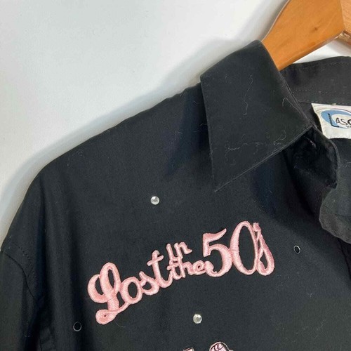 Las Olas Embroidered 50's Rock N' Roll Black Pink Button Down Shirt Rockabilly - Picture 8 of 13