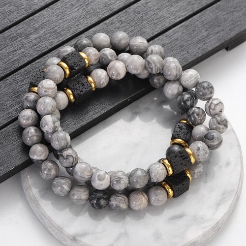 Men's Meditation Yoga Natural Stone Map Jaspers Stone Beaded Bracelet Necklace - Picture 6 of 10