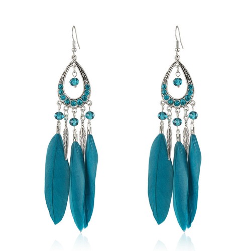 Bohemian Blue Feather Beaded Long Drop Earrings Ethnic Vintage Jewelry for Women - Bild 12 von 20