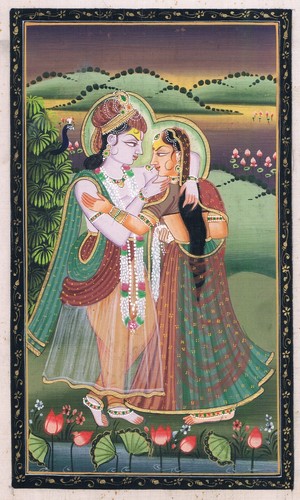 Religious Painting Of Radha Krishna In Love Scene Art On Silk Cloth 7x11 Inches - Picture 3 of 7