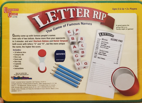 University Games Front Porch Classics Letter Rip Board Game Famous Names Dice - Picture 2 of 2