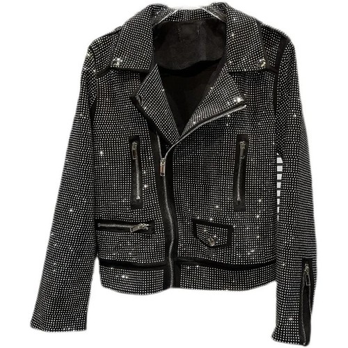 New Women Luxury Full Diamond Rhinestones Fashion Black Bomber Jacket Shiny Coat - Picture 12 of 13