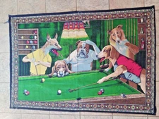 Vintage Antique HUGE 57 x 37" Turkish Wall Tapestry Dogs Playing Pool Billiards