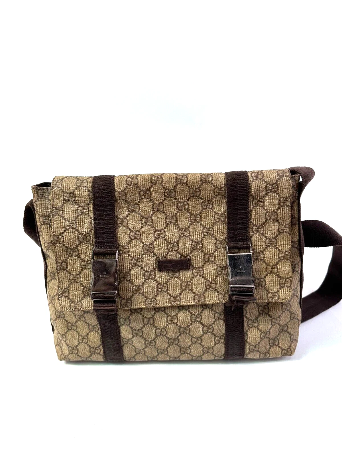 Sac messager Gucci beige/marron GG Supreme toile double boucle rabat