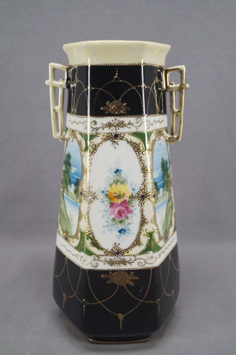 Kinjo Nippon Hand Painted Landscape Floral Black & Beaded Gold 10 1/2 Inch Vase - Picture 3 of 12