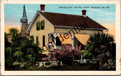 Waving Girl & Her Home Savannah GA Georgia Białe obramowanie Pocztówka O806
