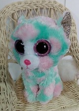 TY Beanie Boos - OPAL the Kitty Big  Glitter Eyes,Ears-White Fur Tail,Pink/Green
