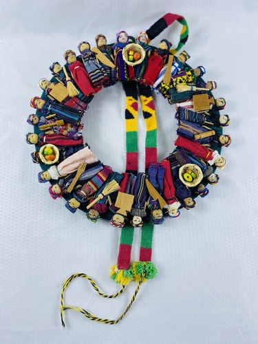 Guatemaltekischer handgefertigter Sorgenpuppenkranz Volkskunst 12 Zoll bunt Vintage 80 - Bild 1 von 7
