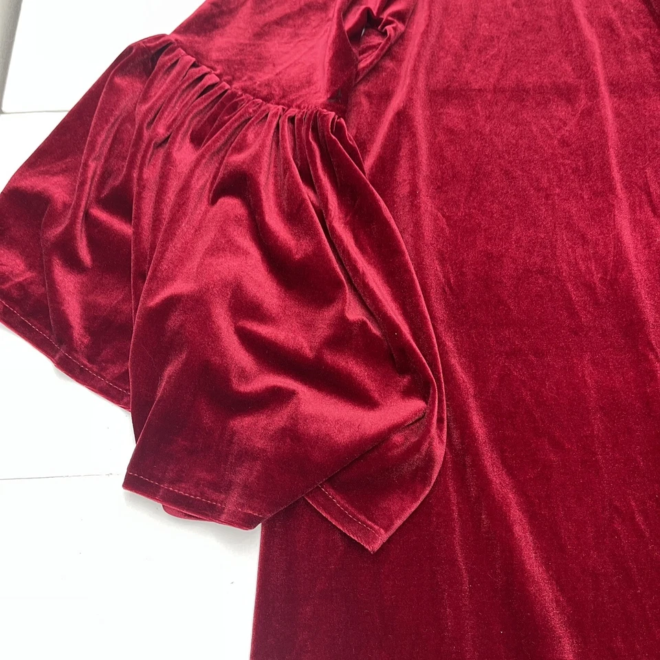 Mujer Rojo Terciopelo Campana Manga Corbata Cintura Largo Disfraz Bata Talla L-XL Foto 3 de 4