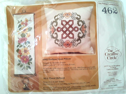 Creative Circle Vtg Cross Stitch Kit Celtic Endless Knot Pillow w Flowers Wool Y - Picture 2 of 8