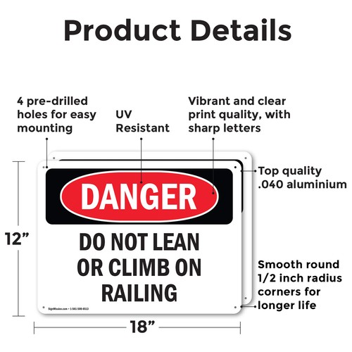 (2 Pack) Do Not Lean Or Climb On Railing OSHA Danger Sign Decal Metal Plastic - Bild 2 von 23