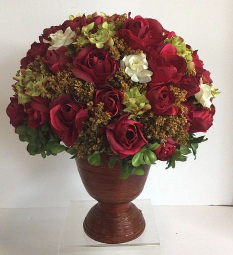 Stunning Silk Flower Arrangement Realistic Burgundy Roses In Planter - Picture 5 of 11