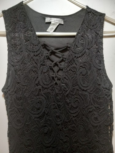 Jasmine Damen Größe Large schwarz Spitze über schwarzem Bodycon-Minikleid sexy V-Ausschnitt - Bild 1 von 23