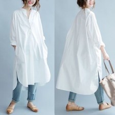 Women Cotton Blend Long Side Slit Shirt Dress White Blouse Casual Loose Oversize