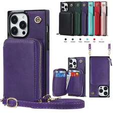 For iPhone 16 15 14 13 12 11 Pro Max XR 8 Plus Zipper Card Wallet Crossbody Case