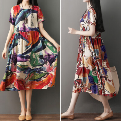 ZANZEA Women Summer T-Shirt Dress Floral Print Sundress Midi Dress Plus Size