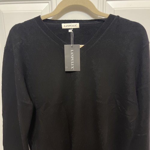 LANPULUX Women's L 100% Pure Wool Sweater Long Sleeve Pullover V-Neck NWT Black - Picture 7 of 9