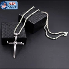 Men Silver Nail Cross Pendant Necklace Chain Gift Stainless Steel Christ Jewelry