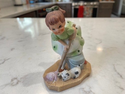 Vintage Lefton Figur Mädchen Wischen Tupfen Kleid Katze - Bild 3 von 4