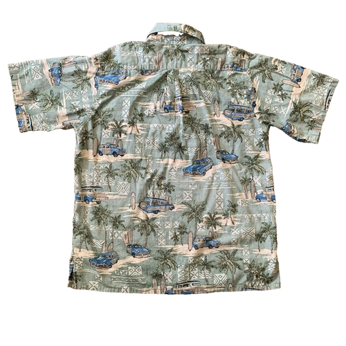 Go Barefoot Men's Size L Pull Over Short Sleeve Hawaiian Woody Wagon Shirt Green - Picture 2 of 8
