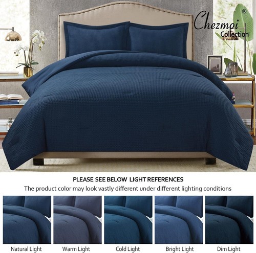 Queen Size 3-Piece Navy Waffle Weave Comforter & Shams Set - Machine Washable - Picture 9 of 9