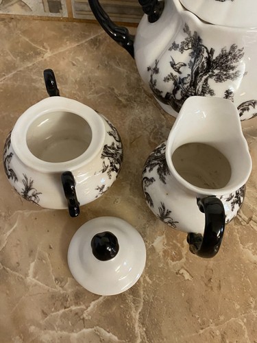 Vintage black & white french toile, ROOSTER - teapot, creamer, sugar - 3 pc - Picture 7 of 11