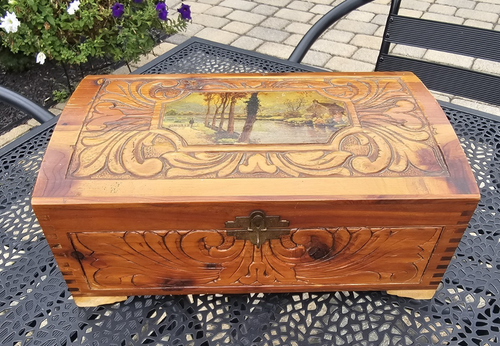 Vintage Cedar Carved Jewelry Trinket Keepsake Box w/Mirror MCM Cabin Country - Picture 14 of 19