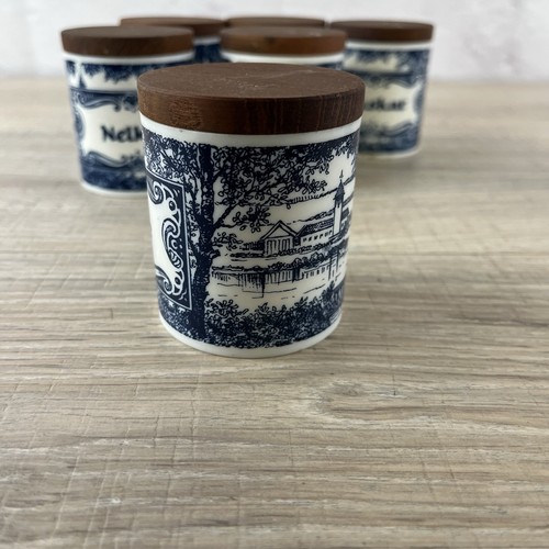 Vtg German Spice Jars Round Plastic & Wood Blue White 6pc Lot - Picture 15 of 18