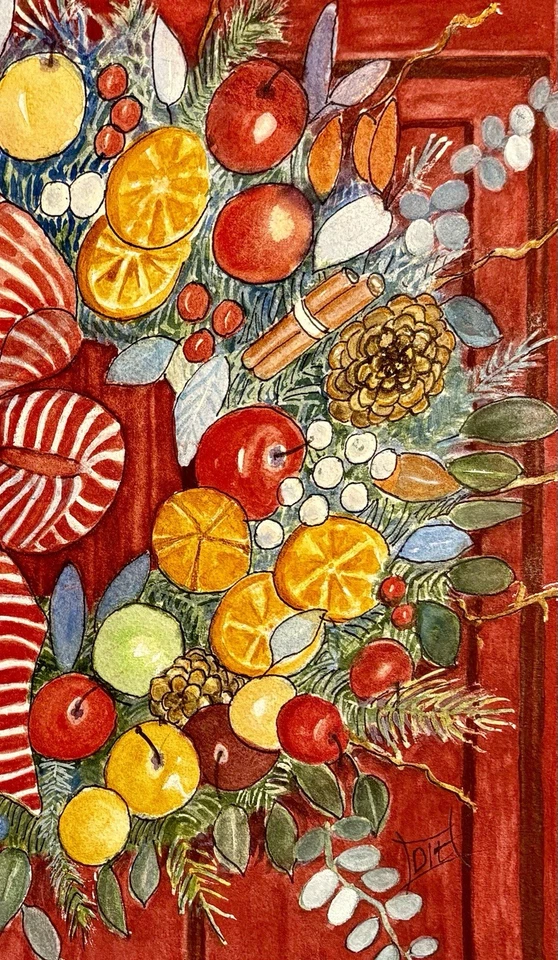 Рождественский оригинальный акварельный чернила 14x14 праздничный венок апельсины декор красной двери - Изображение 3 из 4