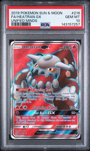 2019 POKEMON SUN & MOON UNIFIED MINDS #216 FULL ART/HEATRAN GX PSA 10
