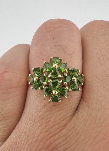 Designer Ring 10 Karat Gelbgold natürlicher grüner Edelstein Trillion-Schliff Blumen - Bild 8 von 8