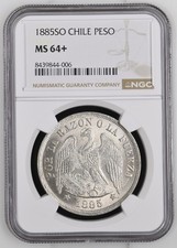 Moneda Peso Plata 1885 SO Chile NGC MS 64+ BU Impresionante Lustre Top Pop Rara