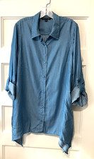 Blue Chambray Shirt Women's L Size Large Long Tunic Button Sleeves Zac & Rachel