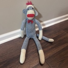 Osark Mountain Kids Sock Monkey  22 EUC Blue, Red Yarn Hair Stuffed Animal Plush