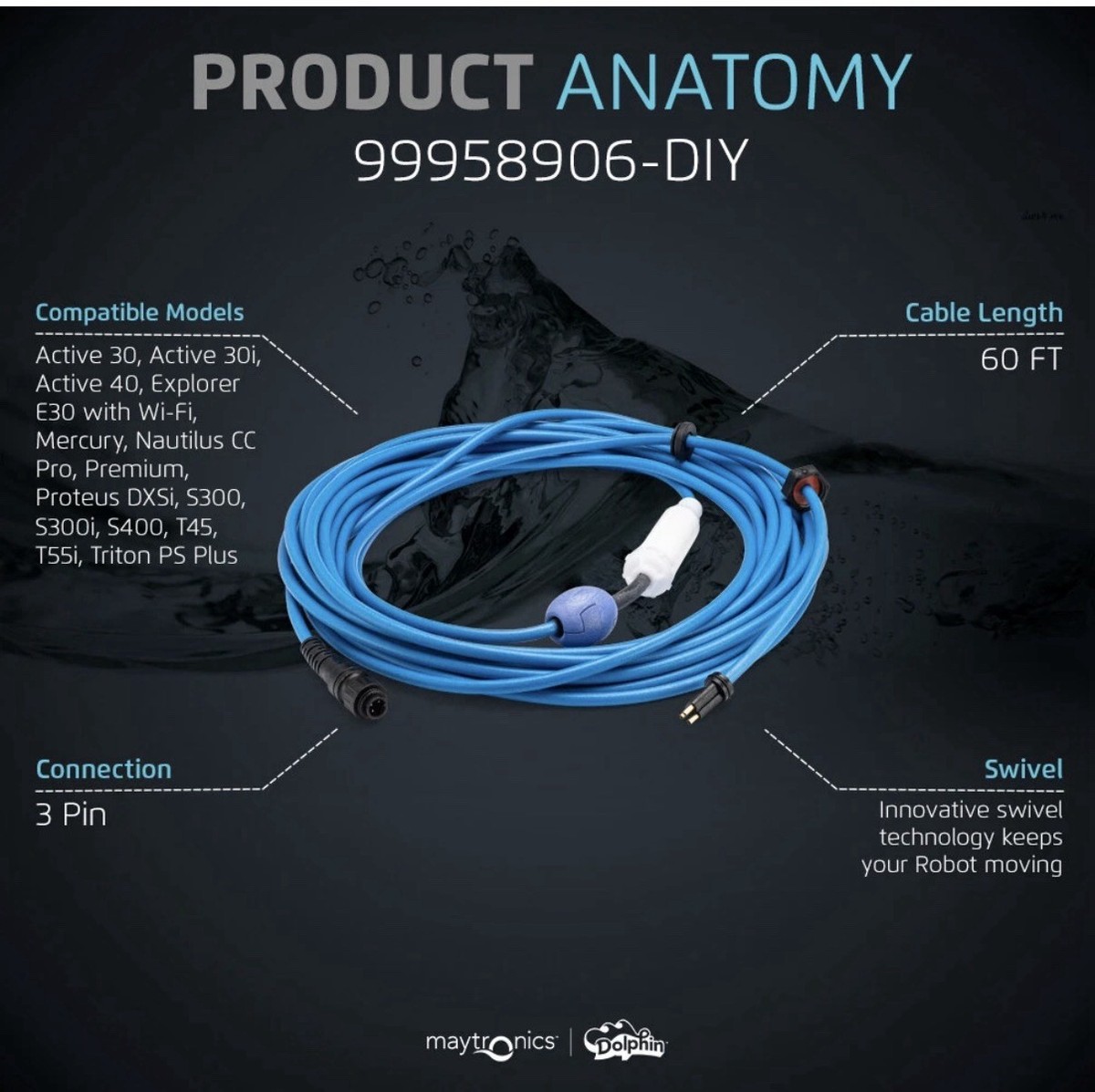 18 Meter/60' Maytronics Cable With Swivel 3 Wire 99958906-DIY for
