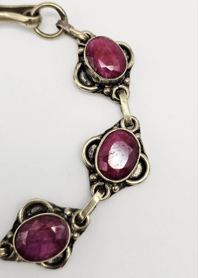 Vintage Natural Ruby Gold Sterling Silver Link Bracelet Native Art Deco - Image 4 of 4
