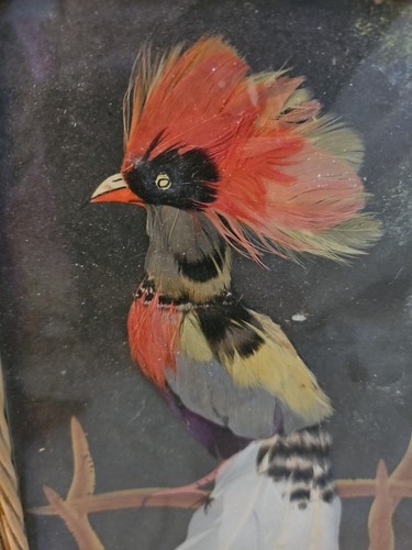 Vintage Vogelmalerei mit echten Federn Made in Mexico Korb Tablett Volkskunst - Bild 5 von 7