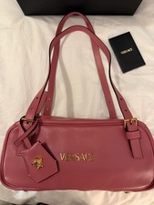 Versace Tag Bowling Bag Leather Pink $1790 Authentic 1015792 Hot deal