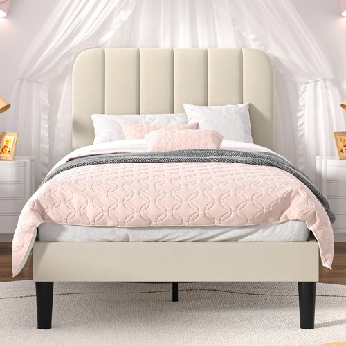 Twin Size Bed Frame with Upholstered Headboard, Velvet Platform Bedframe Matt...