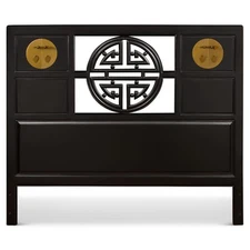 US SELLER - Black Elmwood Queen Size Longevity Asian Headboard