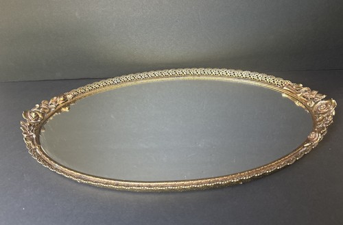 Meuble-lavabo miroir vintage Matson, roses ovales Hollywood Regency laiton doré avec feuilles - Photo 1/9