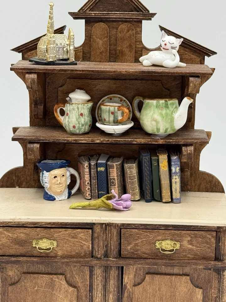 Vintage Dollhouse Miniature Kitchen Hutch Cabinet 1:12 Scale books knick knack - Image 2 of 4