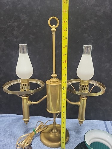 Antique Brass Double Arm Victorian Style Student Lamp Green Glass Ribbed Shades! - Picture 11 of 11