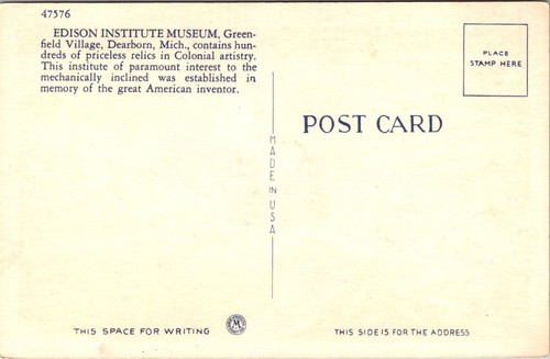 Postcard Edison institute Museum Greenfield Village Dearborn Michigan MI - Picture 2 of 2