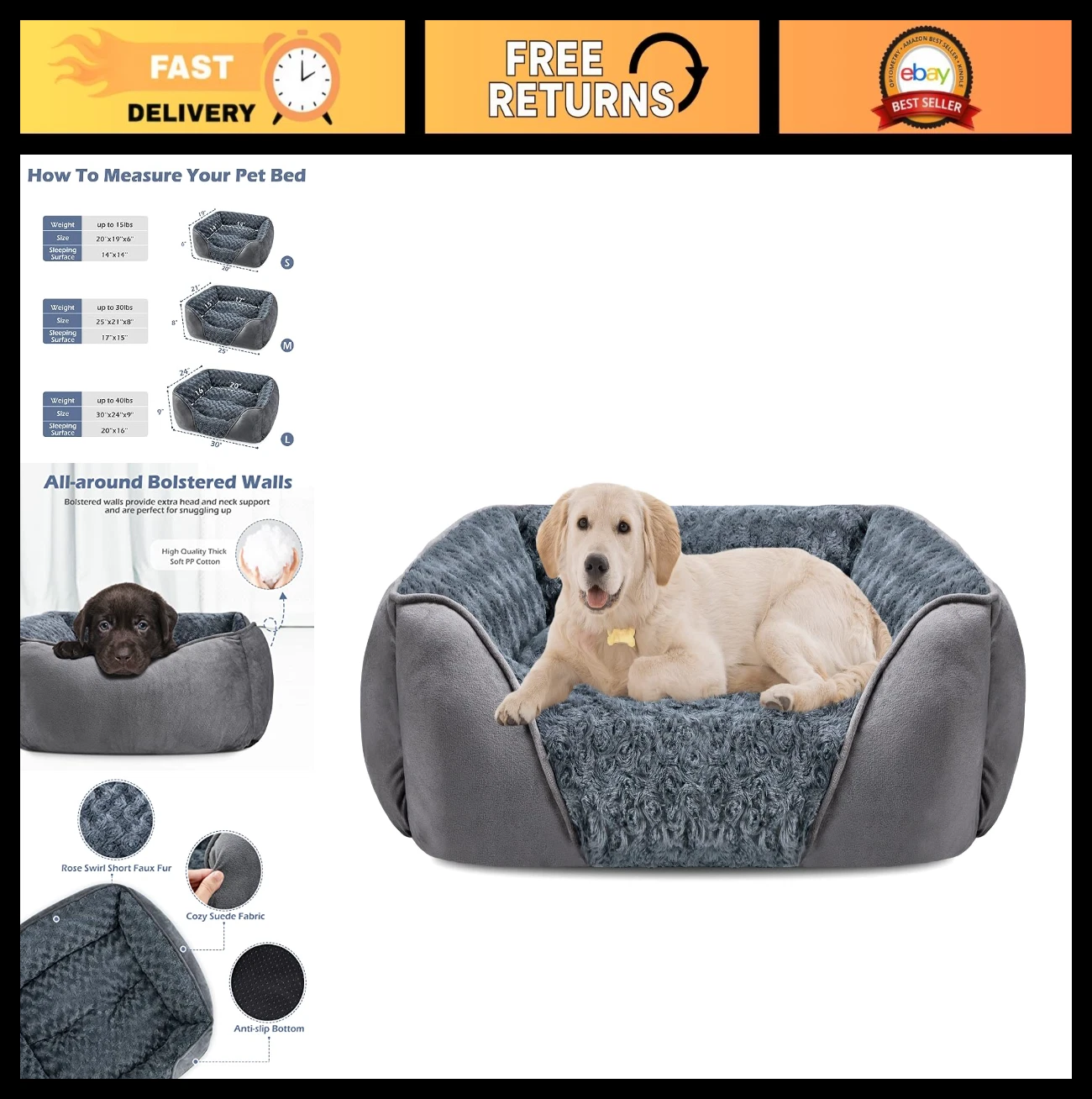 Large Orthopedic Dog Bed - Washable Rectangle Pet Cuddler, Soft & Durable, Anti-