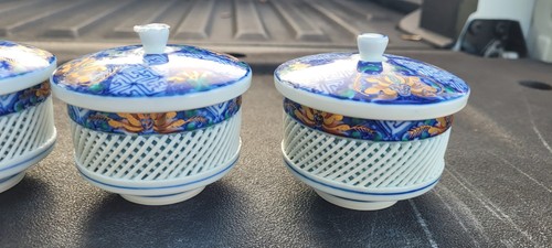 Japanese Arita Kinho Reticulated Open Lattice Covered Tea Cups, Set Of 5 - Picture 2 of 17